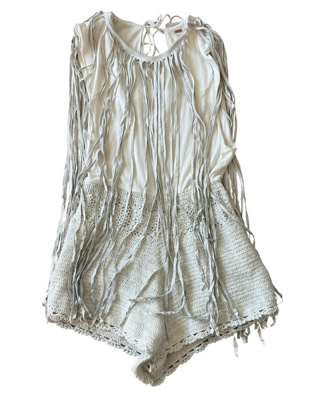 Free People Cream Crochet Fringe Leather Boho Festival Romper Shorts Western L - Picture 3 of 15
